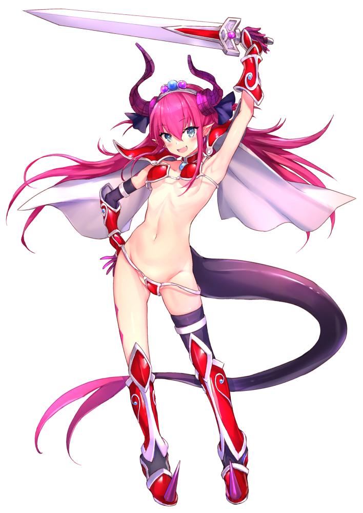 armor armored_boots armpits asymmetrical_horns bangs bikini_armor black_legwear blue_eyes blush boots breasts cape choker commentary_request dragon_horns dragon_tail elizabeth_bathory_(brave)_(fate) elizabeth_bathory_(fate)_(all) eyebrows_visible_through_hair fang fate/grand_order fate_(series) gauntlets gloves groin hair_between_eyes hair_ornament haishiki hand_on_hip holding horns jewelry long_hair looking_at_viewer loose_bikini navel open_mouth pink_hair pointy_ears shoes shoulder_armor simple_background single_thighhigh smile solo spiked_shoes spikes standing swimsuit sword tail thighhighs two_side_up weapon white_background