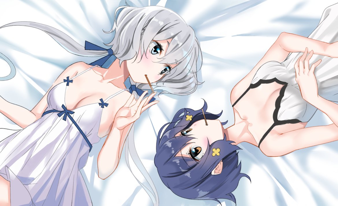 bare_shoulders bed_sheet blue_eyes blue_hair blush breasts brown_eyes cleavage collarbone commentary_request food hair_ornament hair_ribbon konno_junko long_hair low_twintails lying maji_(etonato) mizuno_ai multiple_girls nightgown on_back pocky pocky_day ribbon short_hair silver_hair sleeveless small_breasts twintails yuri zombie_land_saga
