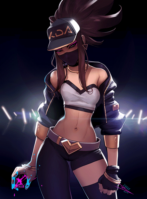 akali animated asymmetrical_clothes backlighting bandeau bangle baseball_cap belt belt_buckle bracelet breasts brown_hair buckle choker clenched_hand commentary contrapposto covered_mouth cropped_jacket earrings english_commentary eyeshadow face_mask fingerless_gloves gloves hat idol jacket jewelry k/da_(league_of_legends) k/da_akali league_of_legends long_hair looking_at_viewer makeup mask midriff mike_nesbitt navel necklace open_clothes open_jacket paint paint_splatter petite pink_hair sidelocks single_glove single_pantsleg single_thighhigh small_breasts solo spray_can standing thighhighs toned ultraviolet_light