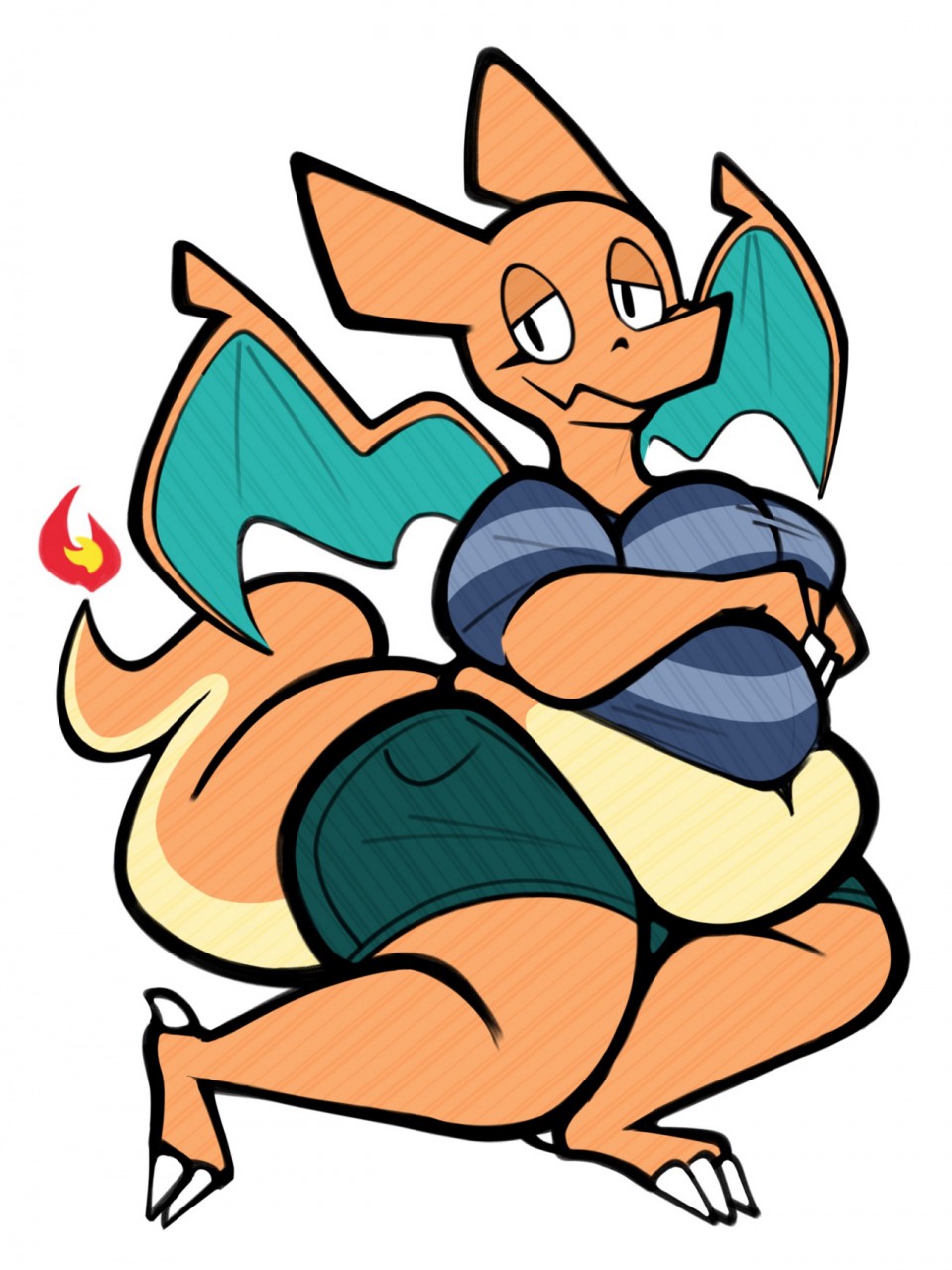 2018 aimbot-jones anthro belly big_belly breasts charizard claws clothed clothing deep_navel eyelashes female fire half-closed_eyes hand_on_stomach looking_at_viewer membranous_wings midriff muffin_top nintendo overweight overweight_female pok&eacute;mon pok&eacute;mon_(species) shirt shorts sitting smile solo thick_thighs tight_clothing toe_claws valentina_(aimbot-jones) video_games wide_hips wings