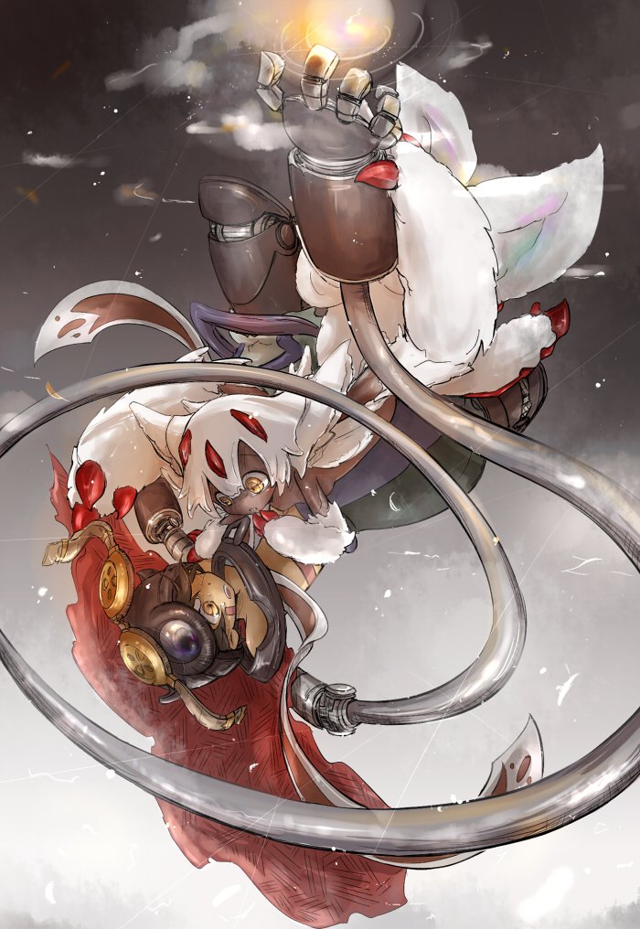 1girl breasts cape claws dark_skin falling faputa helmet made_in_abyss mechanical_arm multiple_arms regu_(made_in_abyss) sideboob sky small_breasts tona_o topless white_hair yellow_eyes