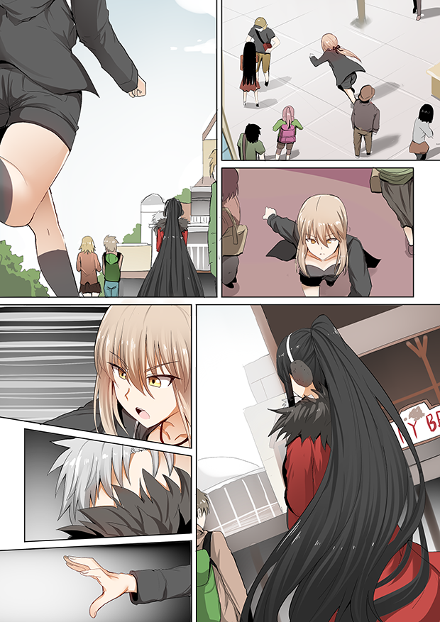 artoria_pendragon_(all) black_hair carrying comic commentary_request fate/grand_order fate_(series) ginhaha long_hair multiple_girls ponytail reaching_out red_clothes saber_alter semiramis_(fate) shorts silent_comic silver_hair very_long_hair yellow_eyes