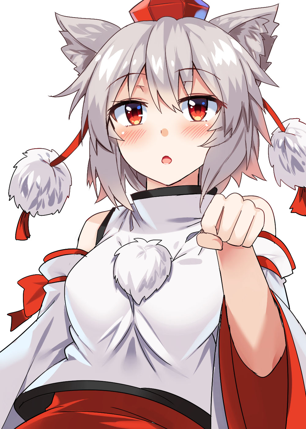 :o animal_ear_fluff animal_ears bangs bare_shoulders breasts commentary_request detached_sleeves e.o. eyebrows_visible_through_hair hair_between_eyes hand_up hat highres inubashiri_momiji long_sleeves looking_at_viewer medium_breasts open_mouth paw_pose pom_pom_(clothes) red_eyes shirt short_hair silver_hair simple_background solo tassel tokin_hat touhou upper_body white_background white_shirt wide_sleeves wolf_ears