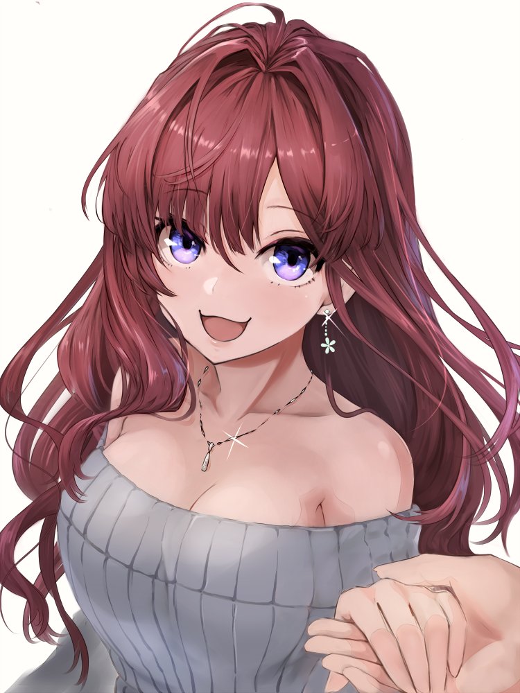 :3 :d bangs bare_shoulders breasts brown_hair cleavage commentary earrings eyebrows_visible_through_hair flower_earrings grey_sweater hair_between_eyes hair_intakes holding_hand ichinose_shiki idolmaster idolmaster_cinderella_girls jewelry lamp_p9 large_breasts long_hair looking_at_viewer necklace off-shoulder_sweater off_shoulder open_mouth out_of_frame pendant pov pov_hands purple_eyes ribbed_sweater simple_background smile solo sweater upper_body wavy_hair white_background