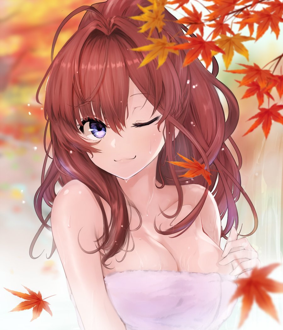 ;3 ahoge alternate_hairstyle autumn autumn_leaves bangs bare_shoulders blurry blurry_background breasts brown_hair cleavage commentary eyebrows_visible_through_hair hair_intakes hair_up hand_on_breast ichinose_shiki idolmaster idolmaster_cinderella_girls lamp_p9 large_breasts lips long_hair looking_to_the_side one_eye_closed onsen outdoors ponytail purple_eyes solo towel upper_body wet