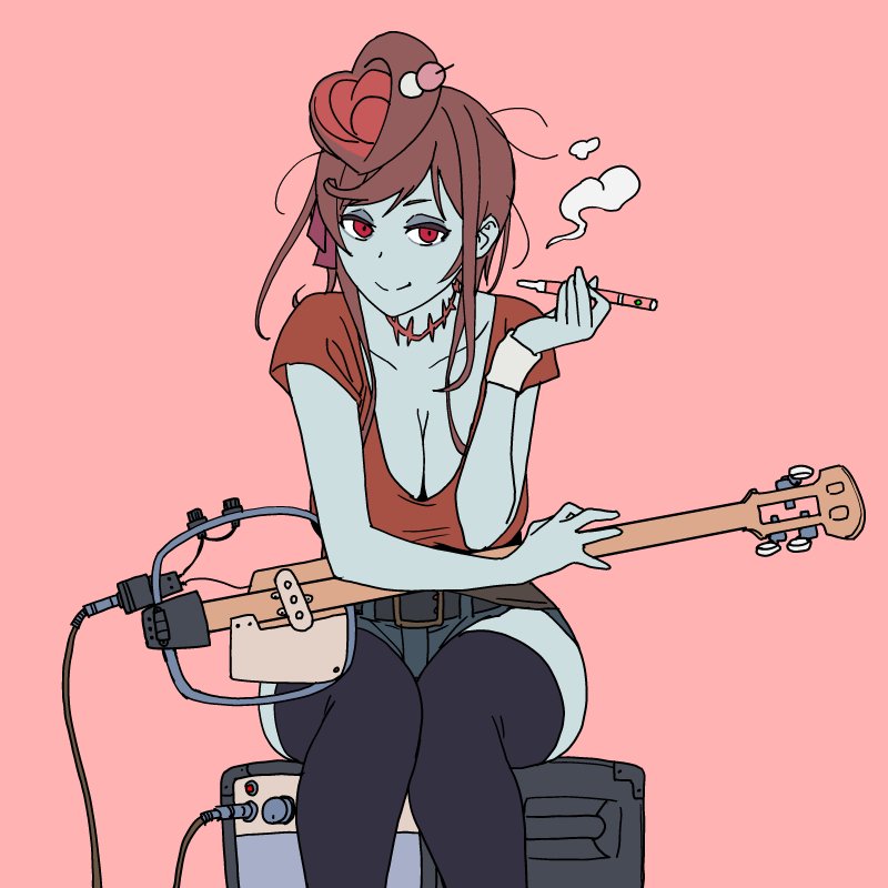 alternate_costume amplifier blue_skin breasts casual cleavage e-cigarette hair_ornament half-closed_eyes holding holding_pipe instrument large_breasts onsen_tamago_(hs_egg) pink_background pipe red_eyes red_shirt shamisen shirt short_sleeves shorts simple_background sitting smoking solo stitches thighhighs yuugiri_(zombie_land_saga) zombie zombie_land_saga