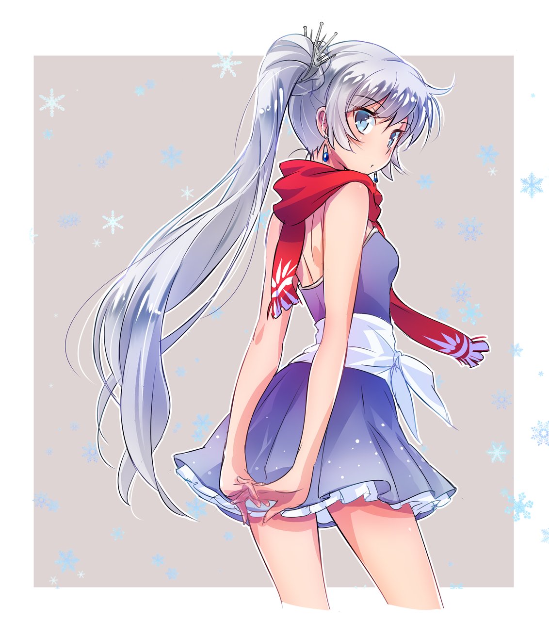blue_eyes dress earrings highres iesupa jewelry lace lace-trimmed_skirt long_hair ponytail rwby scar scar_across_eye scarf side_ponytail skirt solo tiara weiss_schnee white_hair
