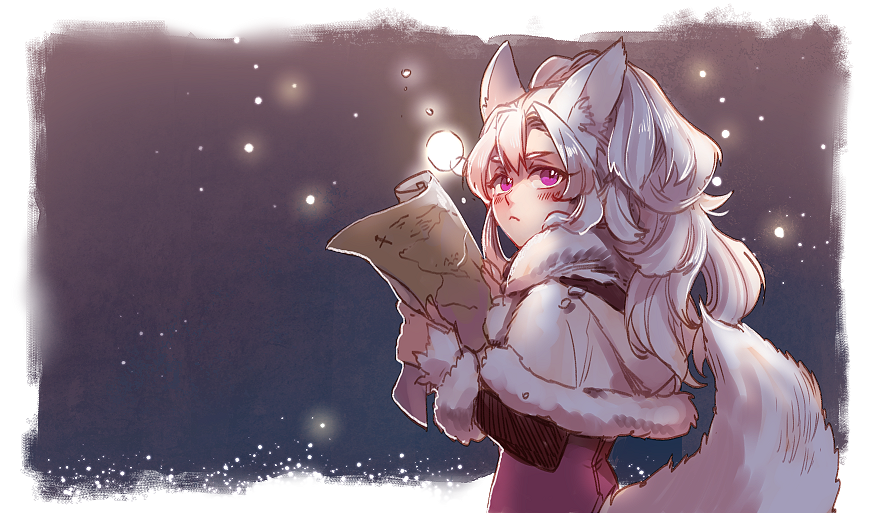 :&lt; animal_ears blush capelet coat from_side fur_trim holding_map long_sleeves looking_up map mesme night original pink_eyes snowing solo tail upper_body white_capelet white_hair winter_clothes winter_coat wolf_ears wolf_tail