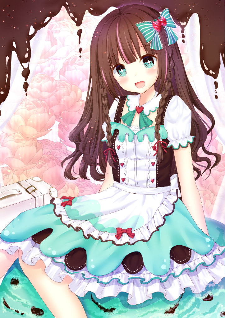 1girl :d apron arms_at_sides bangs blush bow braid breasts brown_hair chocolate commentary_request detached_collar dirndl eyebrows_visible_through_hair flower food_themed_hair_ornament german_clothes green_bow green_eyes green_neckwear hair_bow hair_ornament hair_ribbon head_tilt heart layered_skirt long_hair long_skirt looking_at_viewer multicolored_hair neck_ribbon official_art open_mouth original pink_hair puffy_short_sleeves puffy_sleeves red_ribbon ribbon ritacoeri shirt short_sleeves sitting skirt small_breasts smile solo strawberry_hair_ornament streaked_hair striped striped_bow suitcase twin_braids wavy_hair white_shirt white_skirt