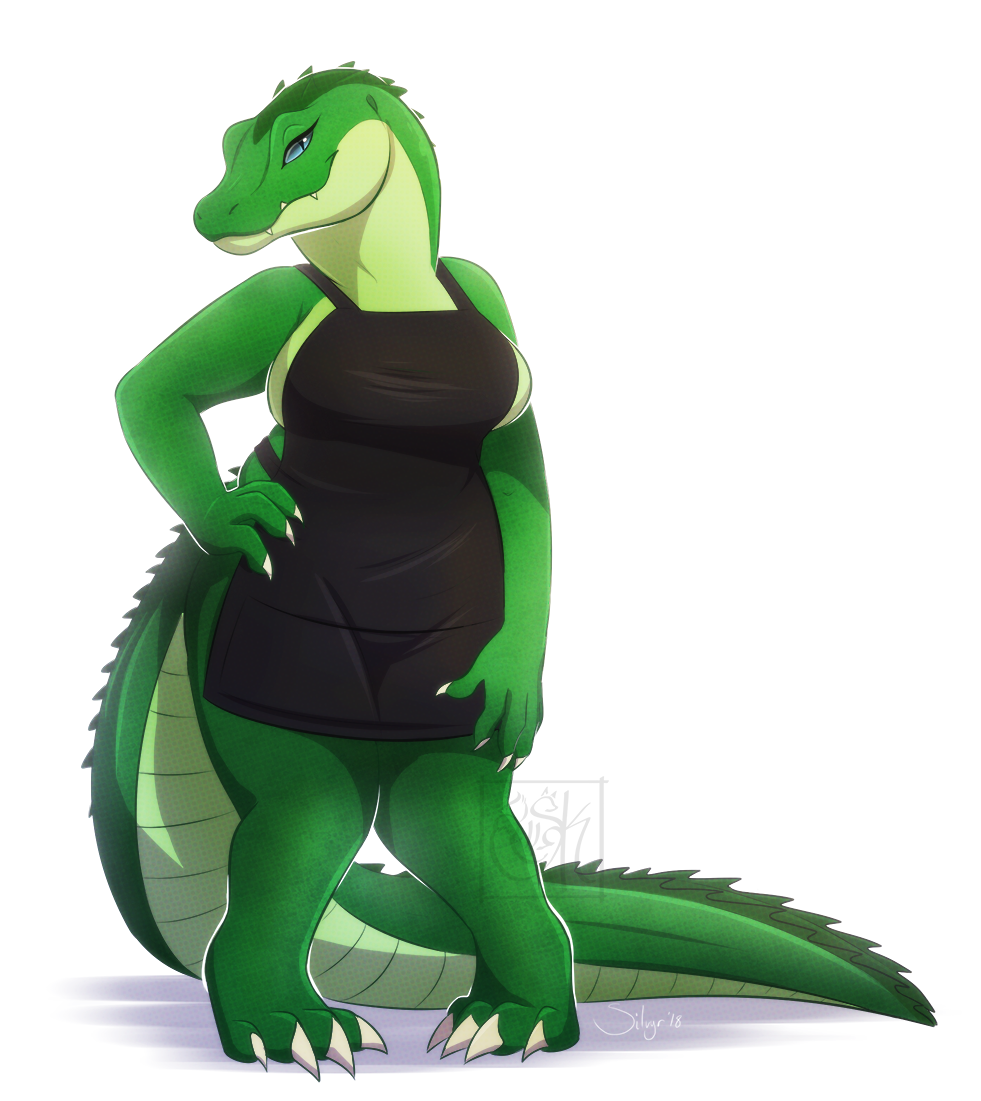 2018 anthro apron bald barefoot big_breasts black_topwear blue_eyes breasts claws clothed clothing countershading crocodile crocodilian croxxy digital_media_(artwork) female front_view green_body green_scales looking_at_viewer naked_apron non-mammal_breasts pose reptile scales scalie shaded side_boob signature silvyr simple_background slightly_chubby smile solo standing thick_thighs toe_claws watermark white_background