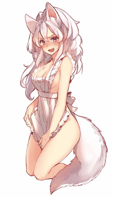animal_ears animated apron apron_tug blush breasts cleavage embarrassed eyebrows fang full_body hair_between_eyes kneeling long_hair maid_apron medium_breasts mesme naked_apron navel nose_blush open_mouth original pink_eyes sideboob simple_background solo sweat tail translation_request white_apron white_background white_hair wolf_ears wolf_tail
