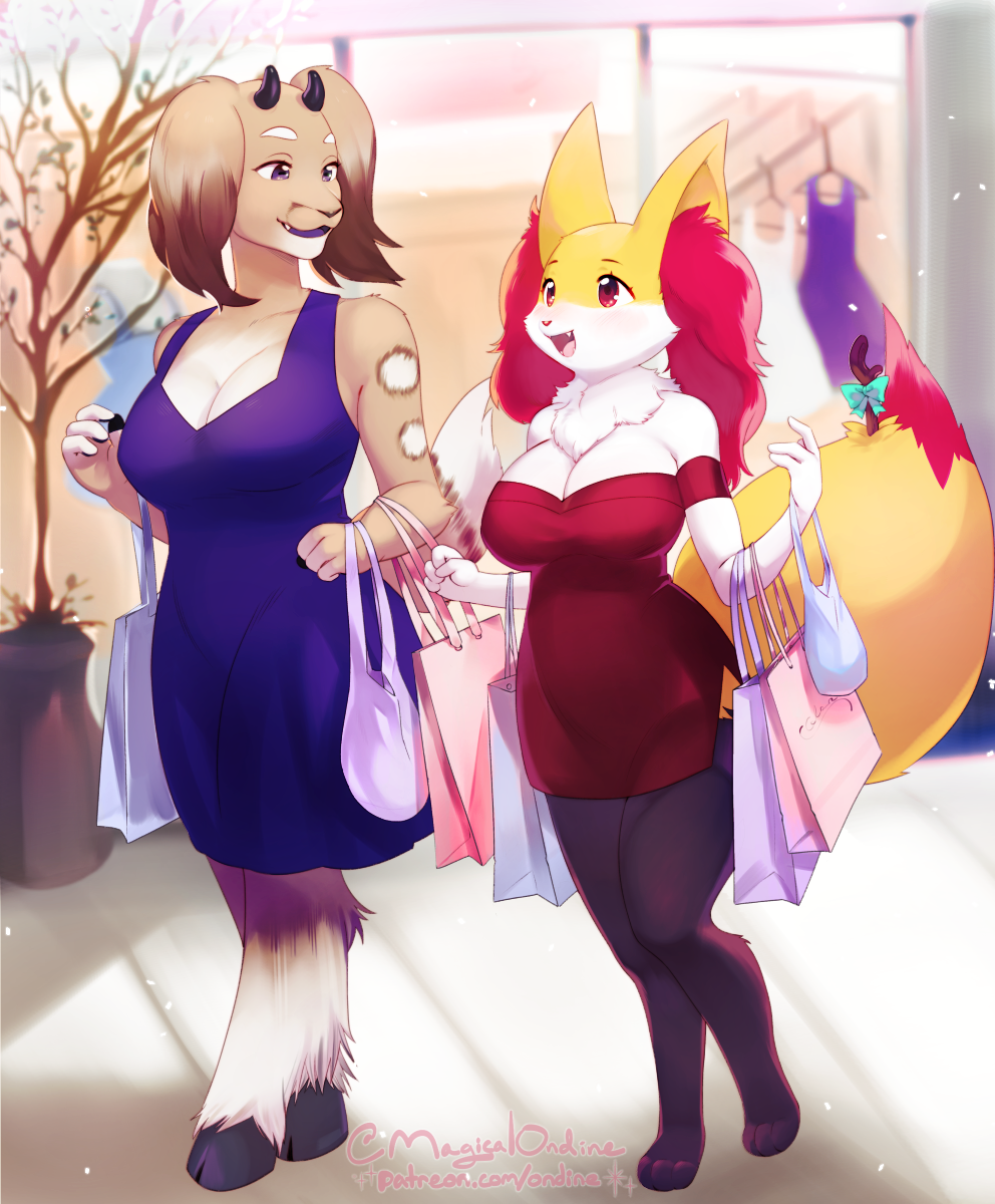 2018 anthro braixen breasts brown_fur canine caprine cleavage clothed clothing dipstick_tail dog dress duo eyebrows fan_character female floppy_ears fur fur_markings goat hooves horn hybrid inner_ear_fluff looking_at_another mall mammal mane markings multicolored_tail nintendo ondine open_mouth plastic_bag pok&eacute;mon pok&eacute;mon_(species) purple_eyes red_eyes ribbons sally_hazel seraphine_(roflfox) stick tree video_games white_fur yellow_fur
