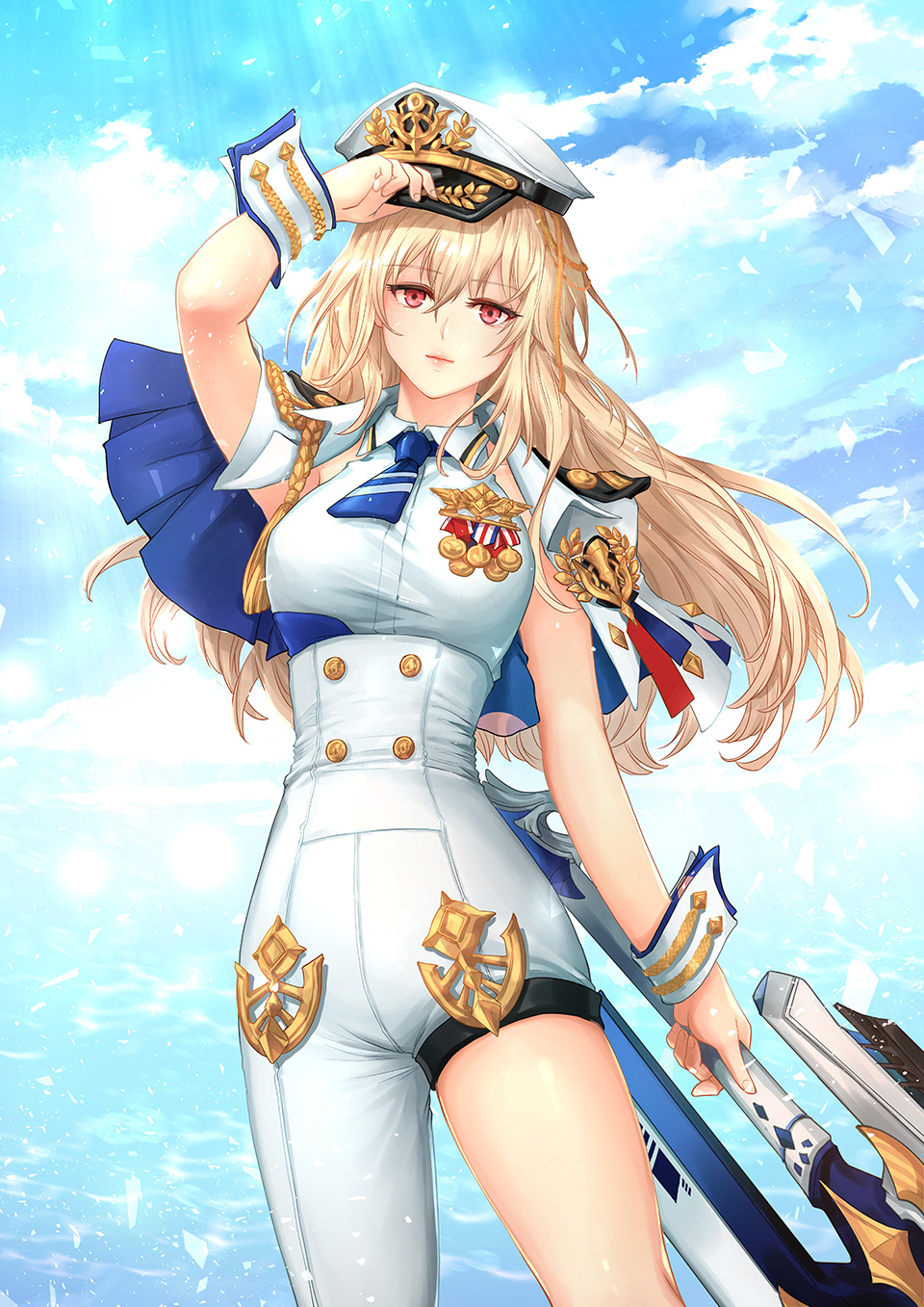 adjusting_hat asymmetrical_clothes blonde_hair blue_sky breasts capelet cloud day hat highres holding holding_weapon i-sol-e long_hair medal medium_breasts military military_uniform red_eyes seven_knights single_pantsleg sky standing uniform very_long_hair water weapon wrist_cuffs
