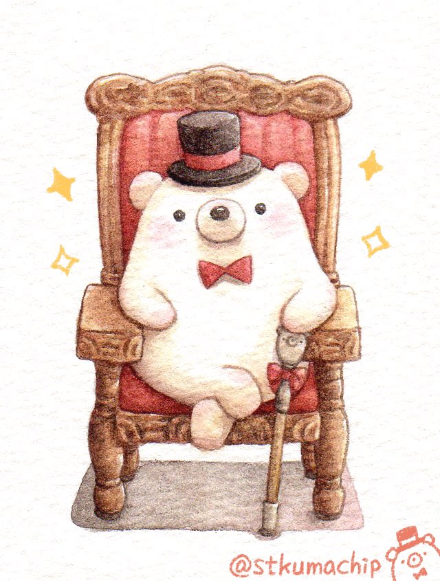 armchair artist_name bear black_eyes black_hat blush bow bowtie cane chair crossed_legs hat hat_ribbon looking_at_viewer no_humans original polar_bear red_bow red_neckwear red_ribbon ribbon sitting sparkle st.kuma top_hat traditional_media twitter_username watercolor_(medium)