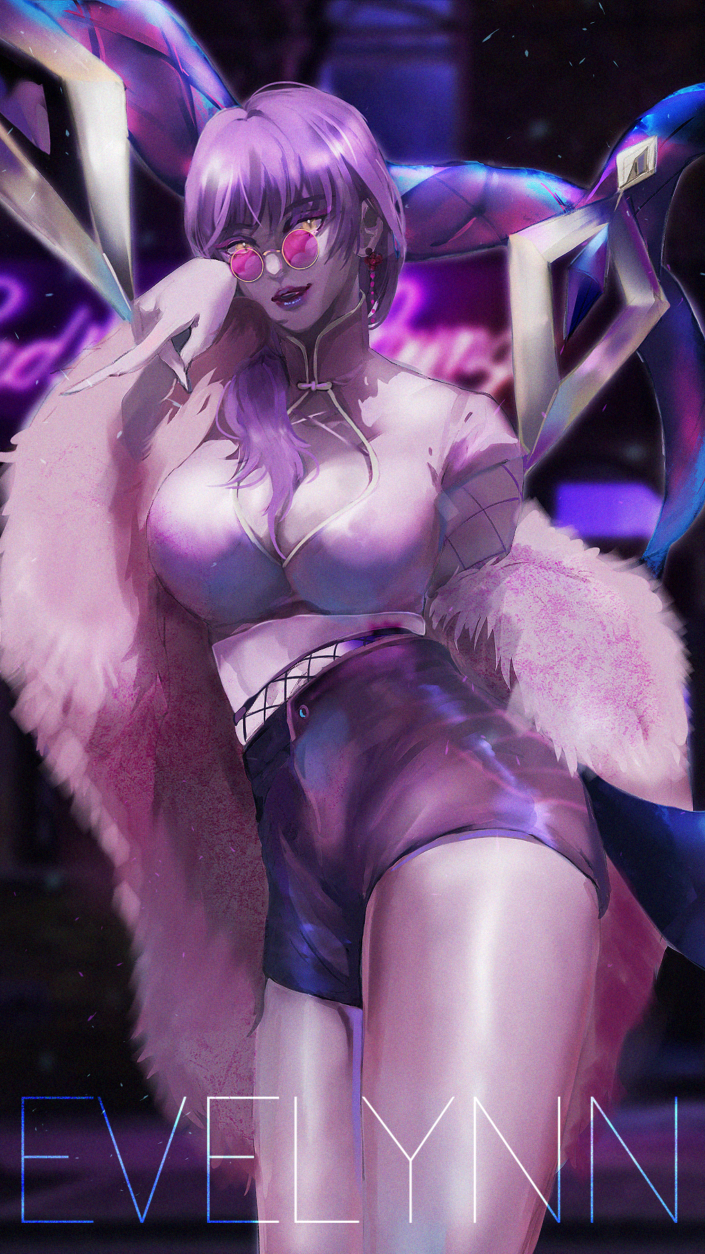 breasts character_name cleavage cleavage_cutout cowboy_shot earrings evelynn eyeshadow feather_boa fingernails fishnet_gloves fishnets glasses gloves hair_over_shoulder highres idol jewelry k/da_(league_of_legends) k/da_evelynn large_breasts league_of_legends lipstick long_fingernails long_hair looking_at_viewer makeup pince-nez pink-tinted_eyewear purple_hair purple_lipstick round_eyewear shorts slit_pupils solo tinted_eyewear weapon yellow_eyes zhii_zhii