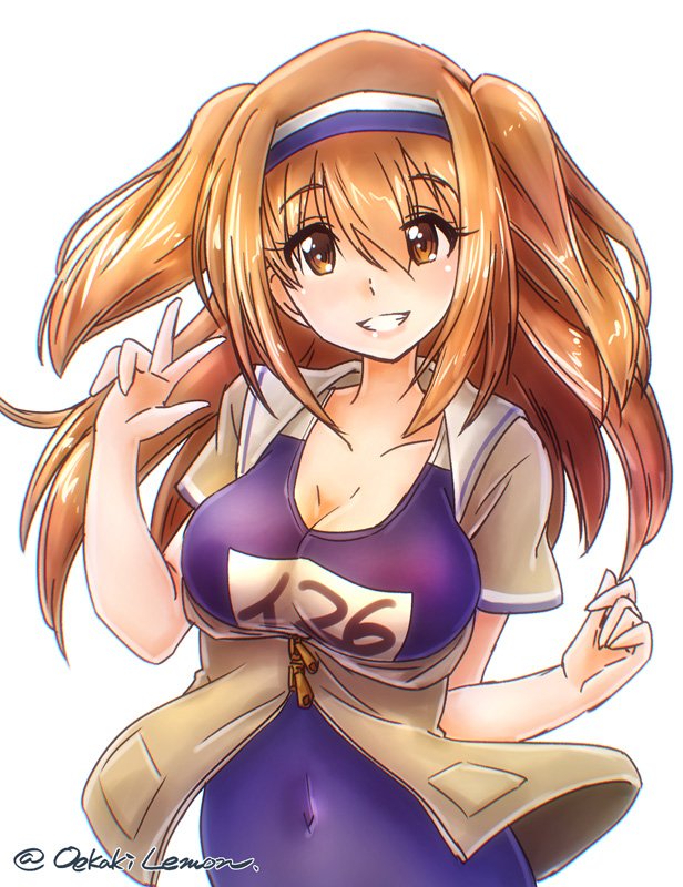 blue_swimsuit breasts grin hairband i-26_(kantai_collection) kantai_collection large_breasts light_brown_eyes light_brown_hair long_hair looking_at_viewer name_tag new_school_swimsuit oekaki_lemon one-piece_swimsuit sailor_collar school_swimsuit short_sleeves simple_background smile solo swimsuit swimsuit_under_clothes two-tone_hairband two_side_up upper_body white_background
