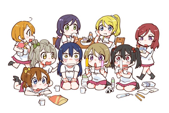 :3 :d :o ahoge arm_rest ayase_eli bag_of_chips bangs black_hair black_legwear blonde_hair blue_eyes blue_hair blush bottle bow bowl brown_hair candy chair chibi closed_mouth clothes_writing cup drinking everyone eyebrows_visible_through_hair food glowstick green_eyes grey_hair hair_bow hair_ornament hair_scrunchie hoshizora_rin kamui87 koizumi_hanayo kousaka_honoka long_hair love_live! love_live!_school_idol_project low-tied_long_hair lying minami_kotori multiple_girls nishikino_maki on_stomach onigiri open_mouth orange_hair pocky ponytail popcorn profile purple_eyes purple_hair red_eyes red_hair red_skirt scrunchie seiza shirt short_hair short_sleeves simple_background sitting skirt smile socks sonoda_umi sweat sweatdrop table toujou_nozomi towel towel_around_neck twintails v-shaped_eyebrows white_background white_shirt yazawa_nico yellow_eyes