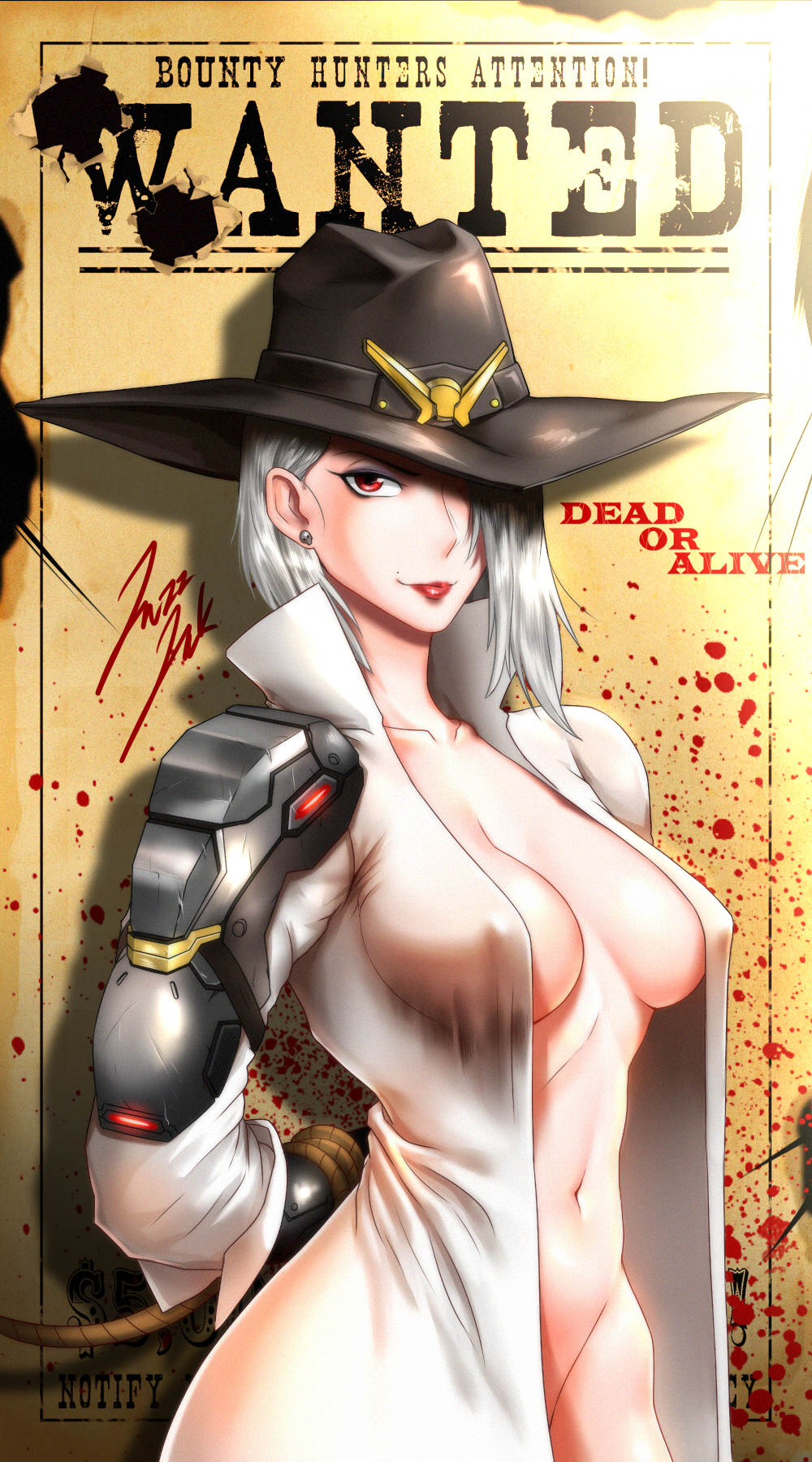 arms_behind_back ashe_(overwatch) asymmetrical_hair bound bound_arms breasts covered_nipples cowboy_hat earrings eyeliner eyeshadow hair_over_one_eye hat highres jazzjack jewelry lipstick looking_at_viewer makeup medium_breasts mole_above_mouth navel no_bra no_panties open_clothes open_shirt out-of-frame_censoring overwatch popped_collar red_eyes red_lipstick rope short_hair signature single_pauldron skull_earrings solo wanted white_hair