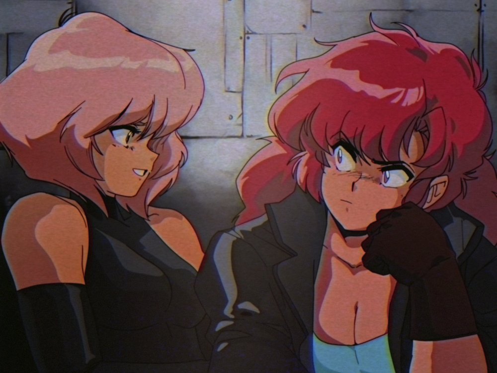 90s bangs big_hair breasts brown_gloves chin_rest cleavage commentary dark_skin david_liu elbow_gloves english_commentary gloves jacket leather leather_jacket long_hair maria_(space_maria) medium_breasts multiple_girls pi_(space_maria) pink_hair red_hair short_hair sleeveless sleeveless_turtleneck small_breasts space_maria turtleneck vhs_artifacts