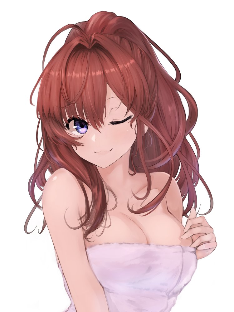 ;3 ahoge alternate_hairstyle bangs bare_shoulders breasts brown_hair cleavage commentary eyebrows_visible_through_hair hair_intakes hair_up hand_on_breast ichinose_shiki idolmaster idolmaster_cinderella_girls lamp_p9 large_breasts lips long_hair looking_to_the_side one_eye_closed ponytail purple_eyes simple_background solo towel upper_body white_background