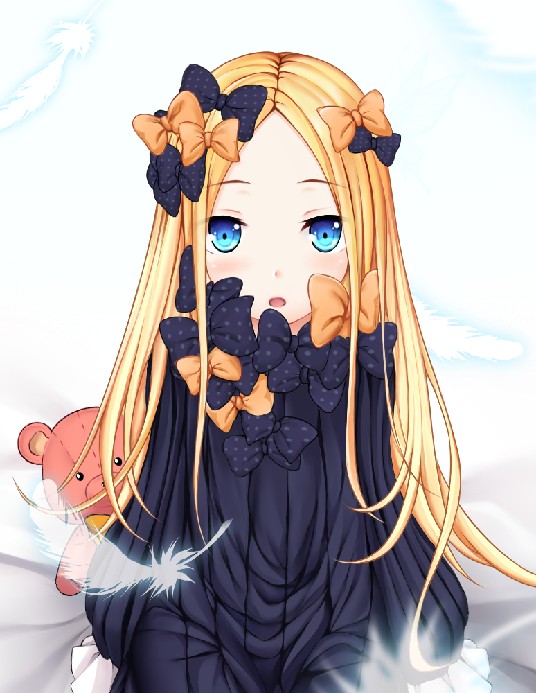 abigail_williams_(fate/grand_order) ai(4522167) bangs bed_sheet black_bow black_dress blonde_hair blue_background blue_eyes blurry blurry_foreground blush bow commentary_request depth_of_field dress eyebrows_visible_through_hair fate/grand_order fate_(series) feathers forehead hair_bow long_hair long_sleeves looking_at_viewer no_hat no_headwear orange_bow parted_bangs parted_lips polka_dot polka_dot_bow sitting sleeves_past_fingers sleeves_past_wrists solo stuffed_animal stuffed_toy teddy_bear transparent very_long_hair