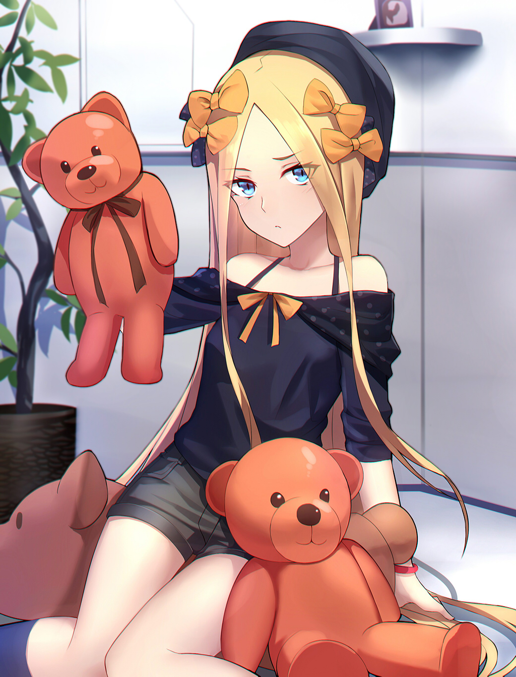 abigail_williams_(fate/grand_order) bangs bare_shoulders beret black_bow black_hat black_shirt black_shorts blonde_hair blue_eyes blush bow bracelet breasts closed_mouth collarbone fate/grand_order fate_(series) forehead hair_bow hat highres holding holding_stuffed_animal indoors jewelry long_hair looking_at_viewer off_shoulder orange_bow parted_bangs plant potted_plant shiguru shirt shorts sitting sleeves_past_fingers sleeves_past_wrists small_breasts solo stuffed_animal stuffed_toy teddy_bear thighs