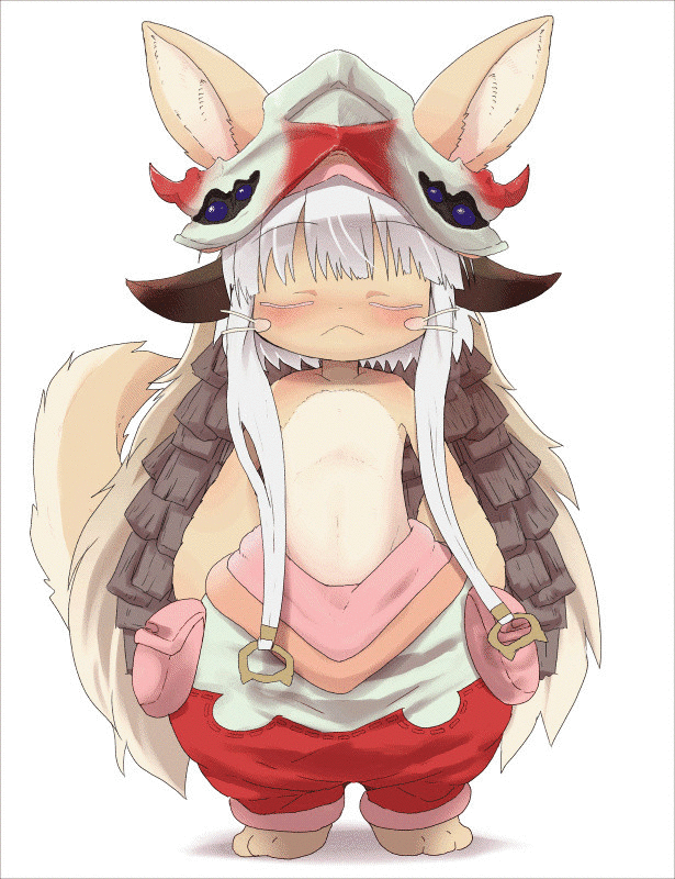 animated anthro blush brown_fur clothed clothing cub dagasi female flat_chested fur hair hi_res hollow_(species) lagomorph looking_at_viewer made_in_abyss mammal nanachi open_mouth simple_background solo topless whiskers white_background white_hair yellow_eyes young