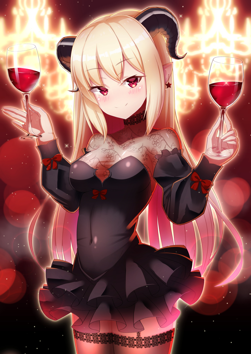 alcohol bangs black_dress black_legwear blonde_hair blush bodysuit breasts chandelier choker closed_mouth commentary_request covered_navel cowboy_shot cup curled_horns demon_girl demon_horns detached_sleeves dress drinking_glass earrings eyebrows_visible_through_hair fishnet_bodysuit fishnets frilled_dress frills garter_straps glint hands_up highres holding holding_cup horns jewelry juliet_sleeves layered_dress long_sleeves looking_at_viewer medium_breasts original pointy_ears puffy_sleeves red_eyes ruri_manato sidelocks smile solo standing star star_earrings strapless strapless_dress thighhighs virtual_youtuber wine wine_glass