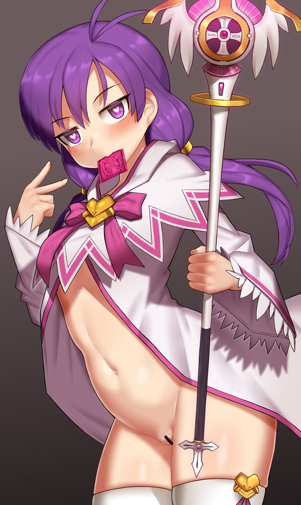 aisha_(elsword) blush bottomless condom condom_in_mouth elemental_master_(elsword) elsword eyebrows_visible_through_hair heart heart-shaped_pupils holding holding_weapon hood hooded_jacket jacket long_hair low_twintails mouth_hold navel nt00 open_mouth pussy simple_background staff standing symbol-shaped_pupils thighs twintails weapon wings