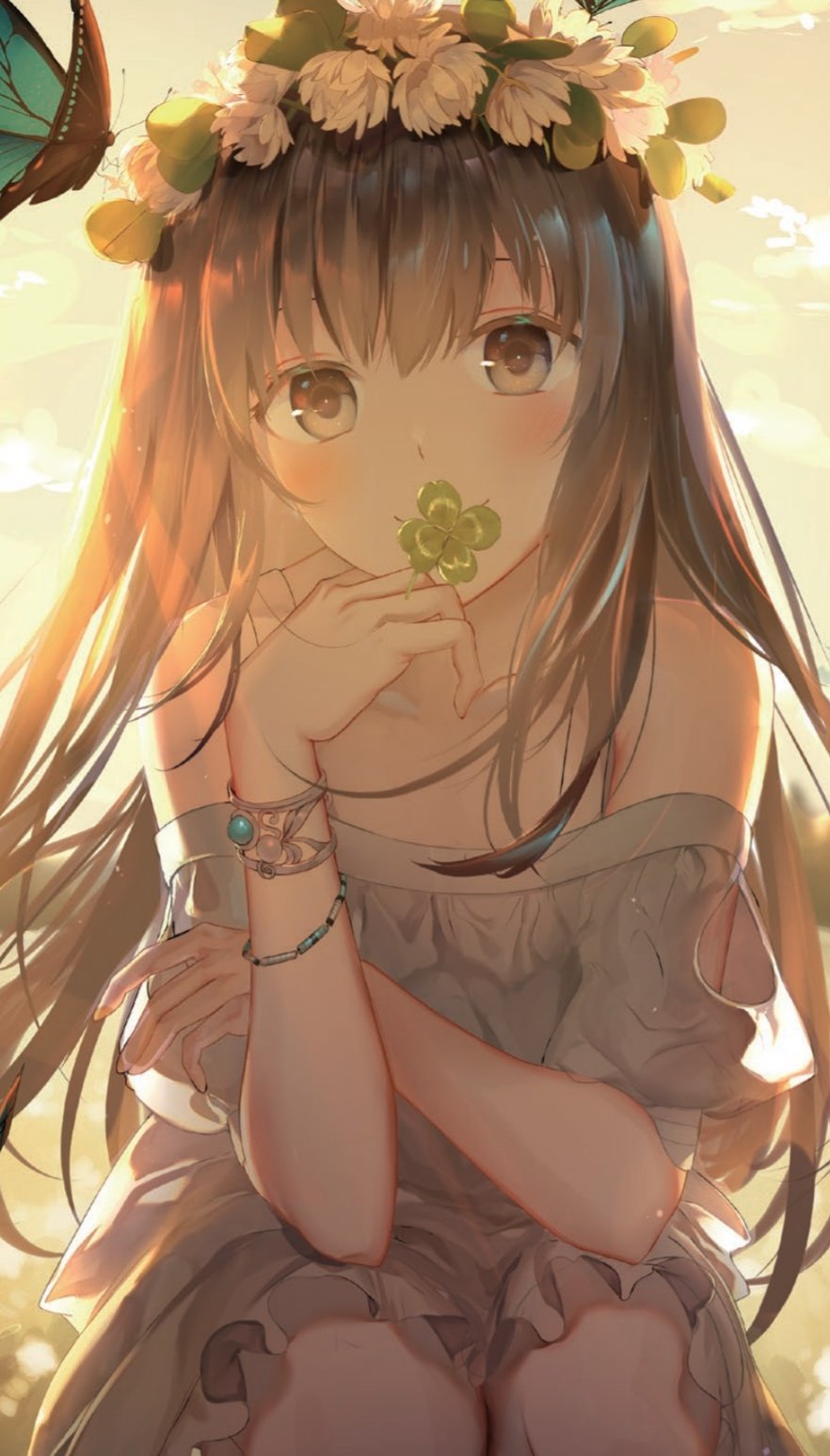 backlighting bandages bare_shoulders blush bracelet brown_eyes brown_hair bug butterfly butterfly_on_head clover clover_(flower) dress eyebrows_behind_hair floating_hair flower four-leaf_clover grey_dress hair_flower hair_ornament head_wreath highres holding holding_clover holding_leaf insect jewelry kouyafu leaf long_hair looking_at_viewer off-shoulder_dress off_shoulder original short_dress short_sleeves sky solo squatting sundress very_long_hair white_flower