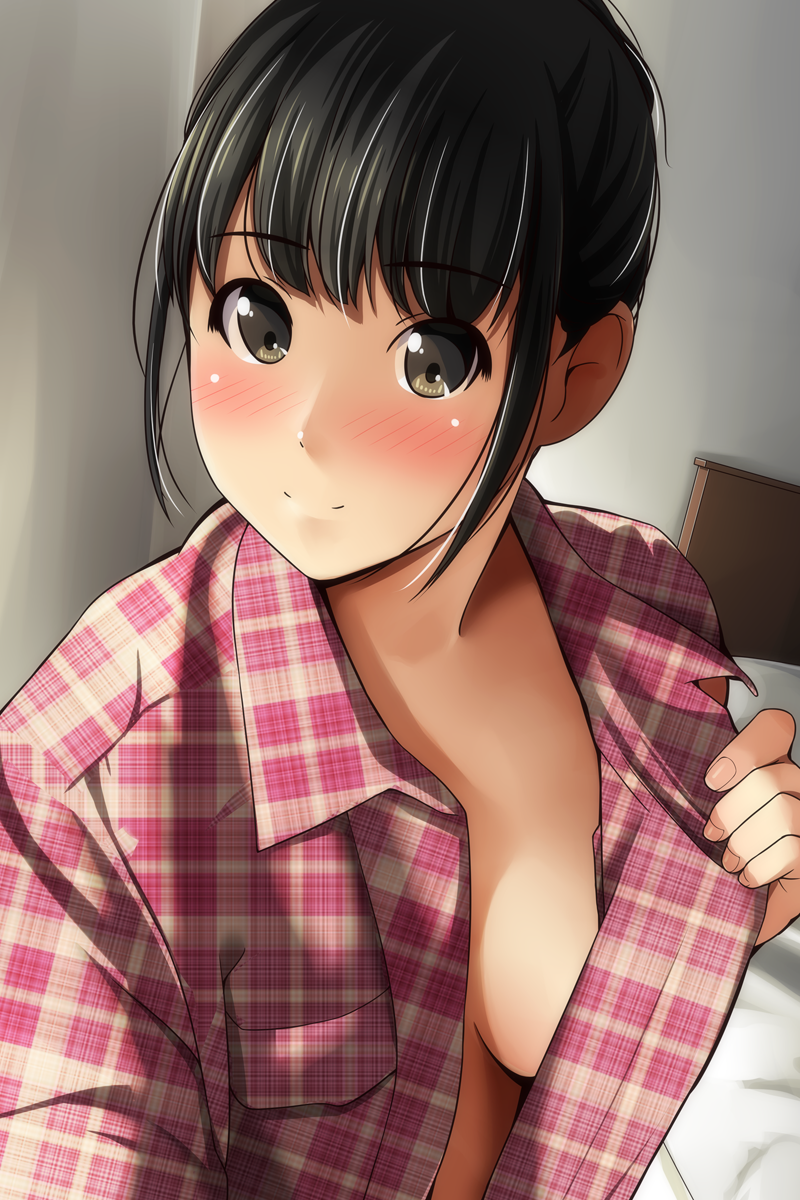 bangs bed black_hair blush breasts brown_eyes closed_mouth commentary_request eyebrows_visible_through_hair fingernails hand_up head_tilt highres indoors matsunaga_kouyou medium_breasts nose_blush open_clothes open_shirt original plaid plaid_shirt red_shirt shirt sidelocks smile solo