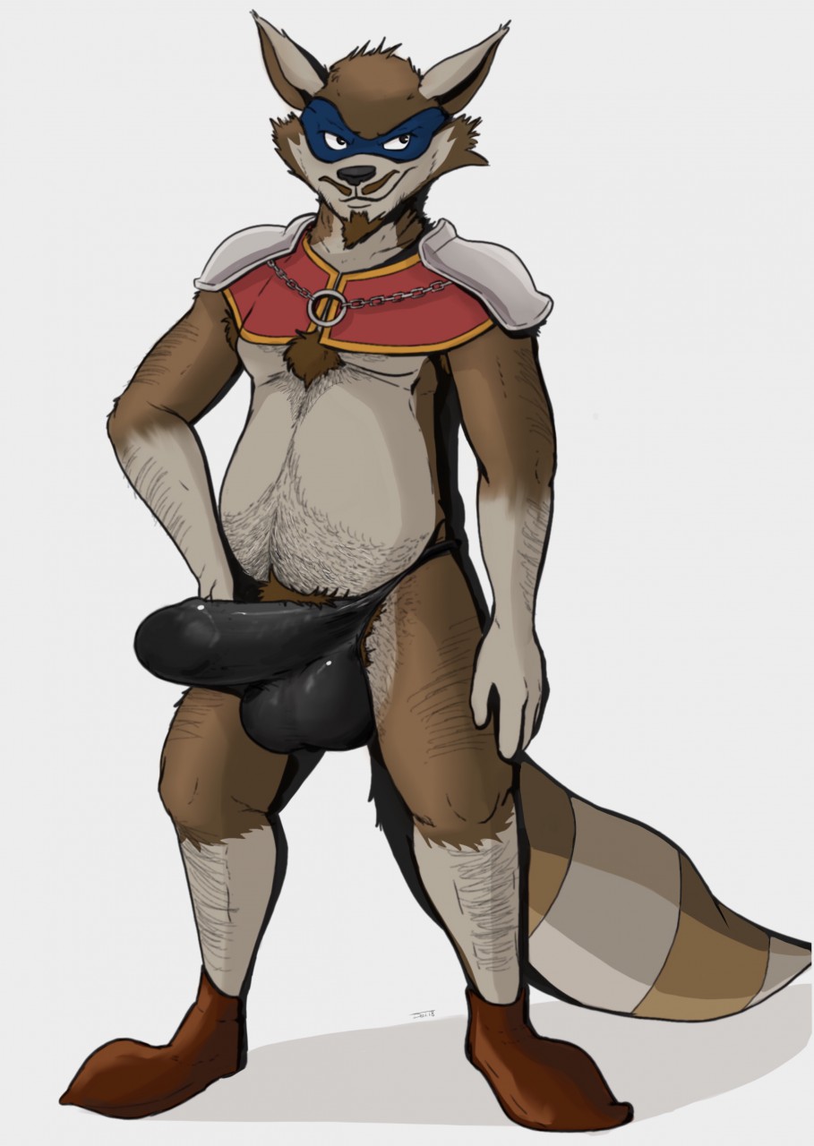 anthro belly body_hair brown_fur bulge chest_tuft clothing delirost erection facial_hair footwear fur goatee male mammal mask penis_outline procyonid pubes raccoon shoes sir_galleth_cooper slightly_chubby sly_cooper_(series) solo thong tuft underwear video_games