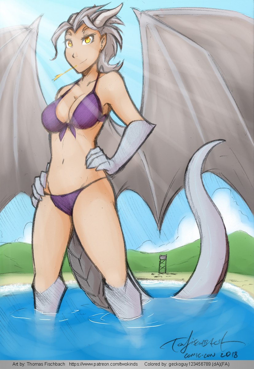 2018 5_fingers alternate_form animal_humanoid beach bikini biped breasts cleavage clothed clothing dragon_humanoid eyelashes female geckoguy123456789 gloves_(marking) hair hands_on_hips horn humanoid lady_nora lighting long_tail looking_at_viewer markings membranous_wings navel pale_skin partially_submerged patreon pointy_ears portrait pose scales scalie seaside short_hair sky smile smirk solo standing swimsuit thick_tail three-quarter_portrait tom_fischbach twokinds water white_hair white_scales white_tail white_wings wings yellow_eyes