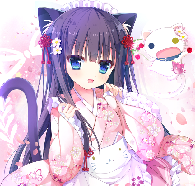 :d animal animal_ear_fluff animal_ears apron black_hair blue_eyes blush cat cat_ears cat_girl cat_tail commentary_request frilled_apron frilled_skirt frilled_sleeves frills head_tilt heterochromia japanese_clothes kimono long_hair long_sleeves looking_at_viewer maid_headdress open_mouth original pinching_sleeves pink_kimono pink_skirt shiwasu_horio short_kimono skirt sleeves_past_wrists smile solo tail very_long_hair wa_maid waist_apron white_apron wide_sleeves yellow_eyes