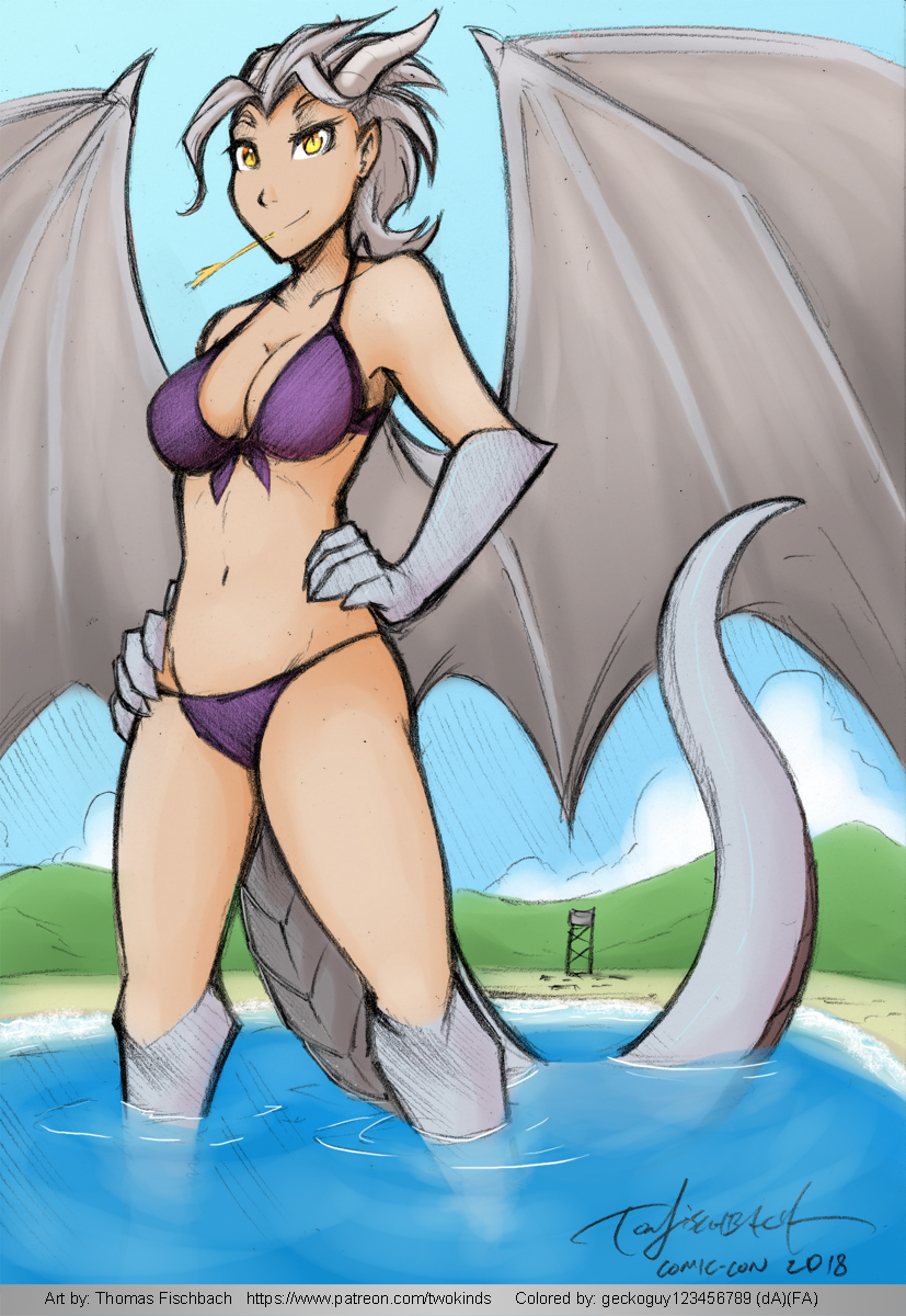 2018 5_fingers alternate_form animal_humanoid beach bikini biped breasts cleavage clothed clothing dragon_humanoid eyelashes female geckoguy123456789 gloves_(marking) hair hands_on_hips horn humanoid lady_nora lighting long_tail looking_at_viewer markings membranous_wings navel pale_skin partially_submerged patreon pointy_ears portrait pose scales scalie seaside short_hair sky smile smirk solo standing swimsuit thick_tail three-quarter_portrait tom_fischbach twokinds water white_hair white_scales white_tail white_wings wings yellow_eyes