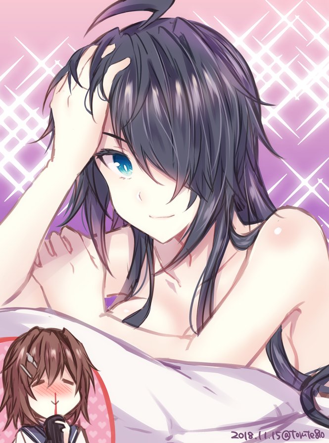 ahoge artist_name bangs bare_shoulders black_hair blood commentary_request dated furutaka_(kantai_collection) hair_ornament hairclip inset kabocha_torute kako_(kantai_collection) kantai_collection long_hair looking_at_viewer lying messy_hair multiple_girls nosebleed on_stomach parted_bangs pillow ponytail purple_background solo_focus sparkle upper_body white_pupils yuri
