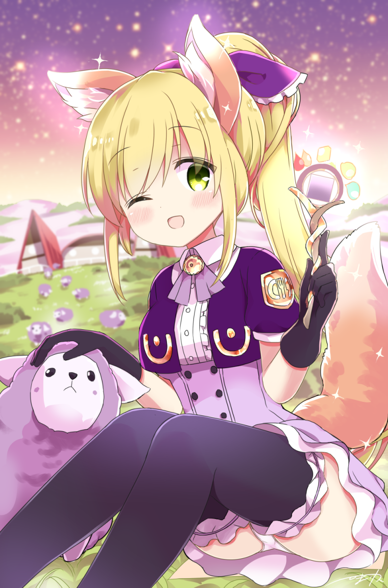 ;d animal_ear_fluff animal_ears ass bangs black_gloves black_legwear blonde_hair blurry blurry_background blush bow bowtie breasts buttons collared_shirt commentary_request cropped_jacket eyebrows_visible_through_hair fence frilled_legwear gloves green_eyes hair_bow high_ponytail highres himarisu_(hida_mari) holding jacket layered_skirt long_hair looking_at_viewer medium_breasts night night_sky one_eye_closed open_mouth original outdoors panties pantyshot pantyshot_(sitting) petting purple_bow purple_jacket purple_neckwear purple_skirt sheep shirt short_sleeves sidelocks sitting skirt sky smile solo sparkle star_(sky) starry_sky tail thighhighs underbust underwear wand white_panties white_shirt