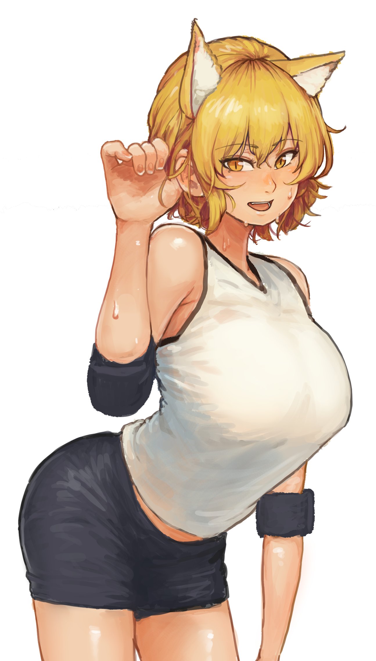 animal_ear_fluff animal_ears blonde_hair breasts chanta_(ayatakaoisii) commentary_request cowboy_shot elbow_pads extra_ears fox_ears gym_shirt gym_shorts highres large_breasts looking_at_viewer open_mouth shirt short_hair shorts sleeveless sleeveless_shirt smile sportswear sweat touhou volleyball_uniform yakumo_ran yellow_eyes