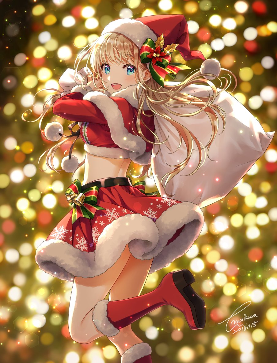 :d bag bangs bell blue_eyes blurry blurry_background blush bokeh boots breasts capelet christmas commentary_request crop_top dated depth_of_field eyebrows_visible_through_hair floating_hair from_side fur-trimmed_boots fur_trim gift gloves hat holding holding_bag jingle_bell knee_boots leg_up long_hair looking_at_viewer midriff miniskirt morikura_en open_mouth original pom_pom_(clothes) sack santa_boots santa_costume santa_gloves santa_hat sidelocks signature skirt smile solo