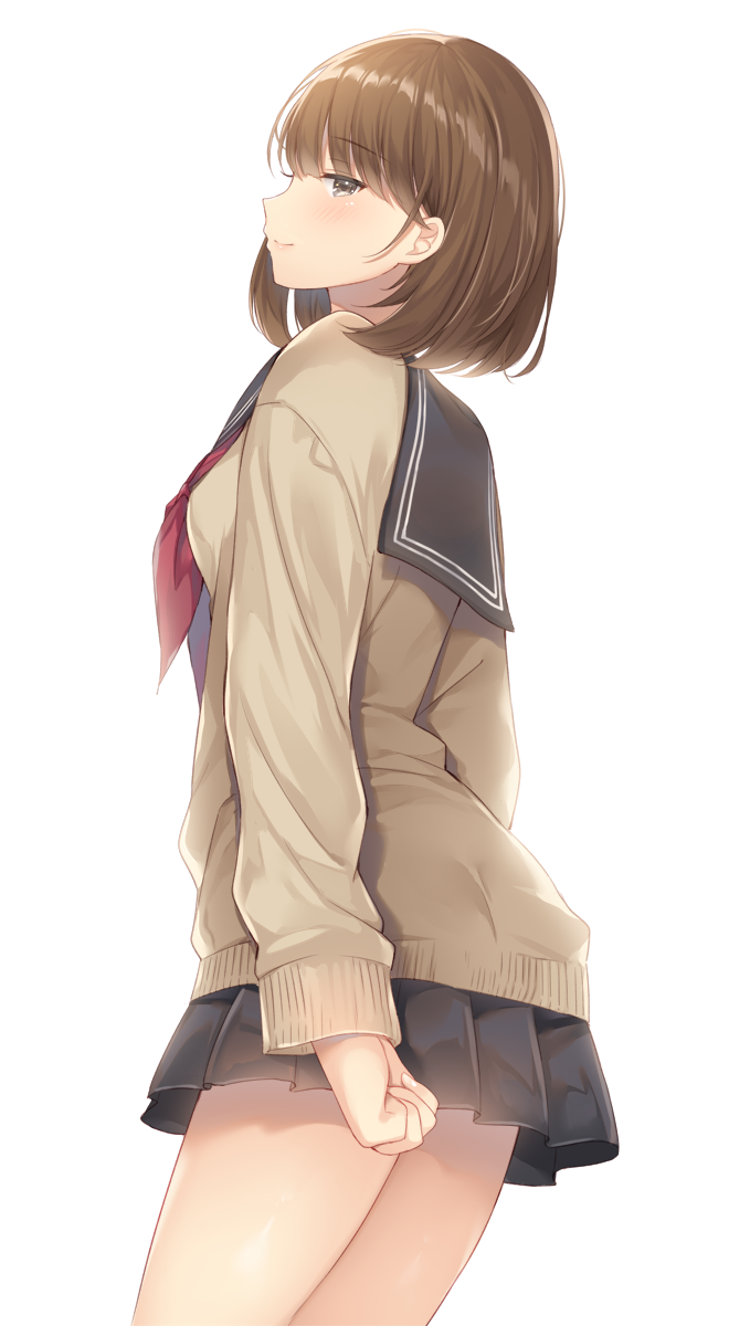 arms_at_sides bangs black_sailor_collar black_skirt blush bob_cut breasts brown_eyes brown_hair brown_sweater clenched_hand closed_mouth commentary_request cowboy_shot eyebrows_visible_through_hair fingernails half-closed_eye highres light_smile long_sleeves looking_at_viewer looking_back looking_to_the_side miniskirt neckerchief noda_shuha original pleated_skirt profile red_neckwear sailor_collar school_uniform serafuku short_hair simple_background skirt sleeves_past_wrists small_breasts solo standing sweater thighs white_background