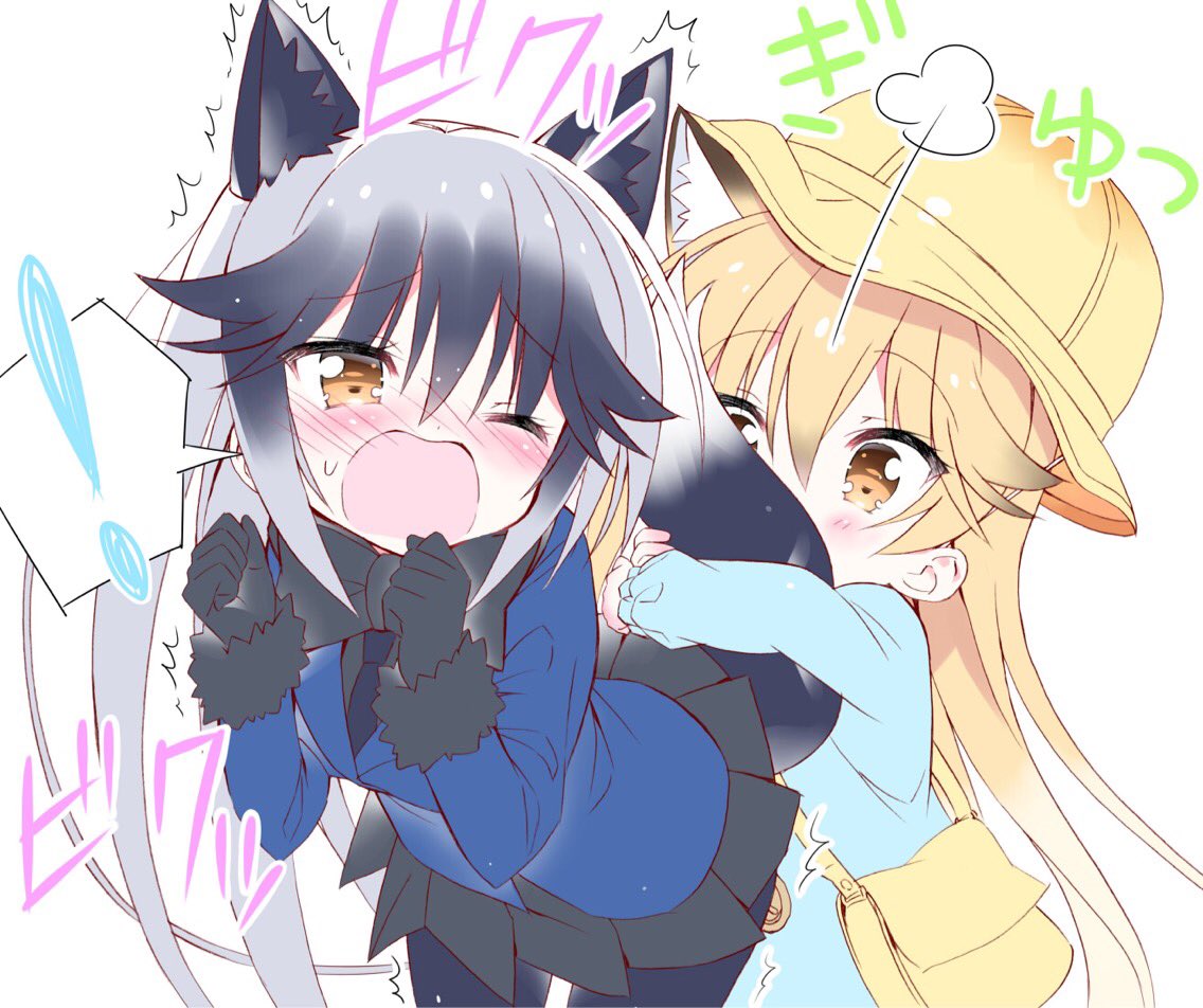 2girls animal_ears bag black_gloves black_legwear black_neckwear black_shirt black_skirt blazer blonde_hair blue_jacket blue_shirt blush bow bowtie brown_eyes clenched_hands commentary_request ezo_red_fox_(kemono_friends) fox_ears fox_tail gloves hat hug hug_from_behind jacket kemono_friends kindergarten_uniform leaning_forward long_hair moaning multiple_girls necktie one_eye_closed open_mouth pantyhose pleated_skirt school_hat shirt silver_fox_(kemono_friends) silver_hair simple_background skirt spoken_exclamation_mark surprised tail tail_hug takahashi_tetsuya upper_body white_background wince yellow_hat