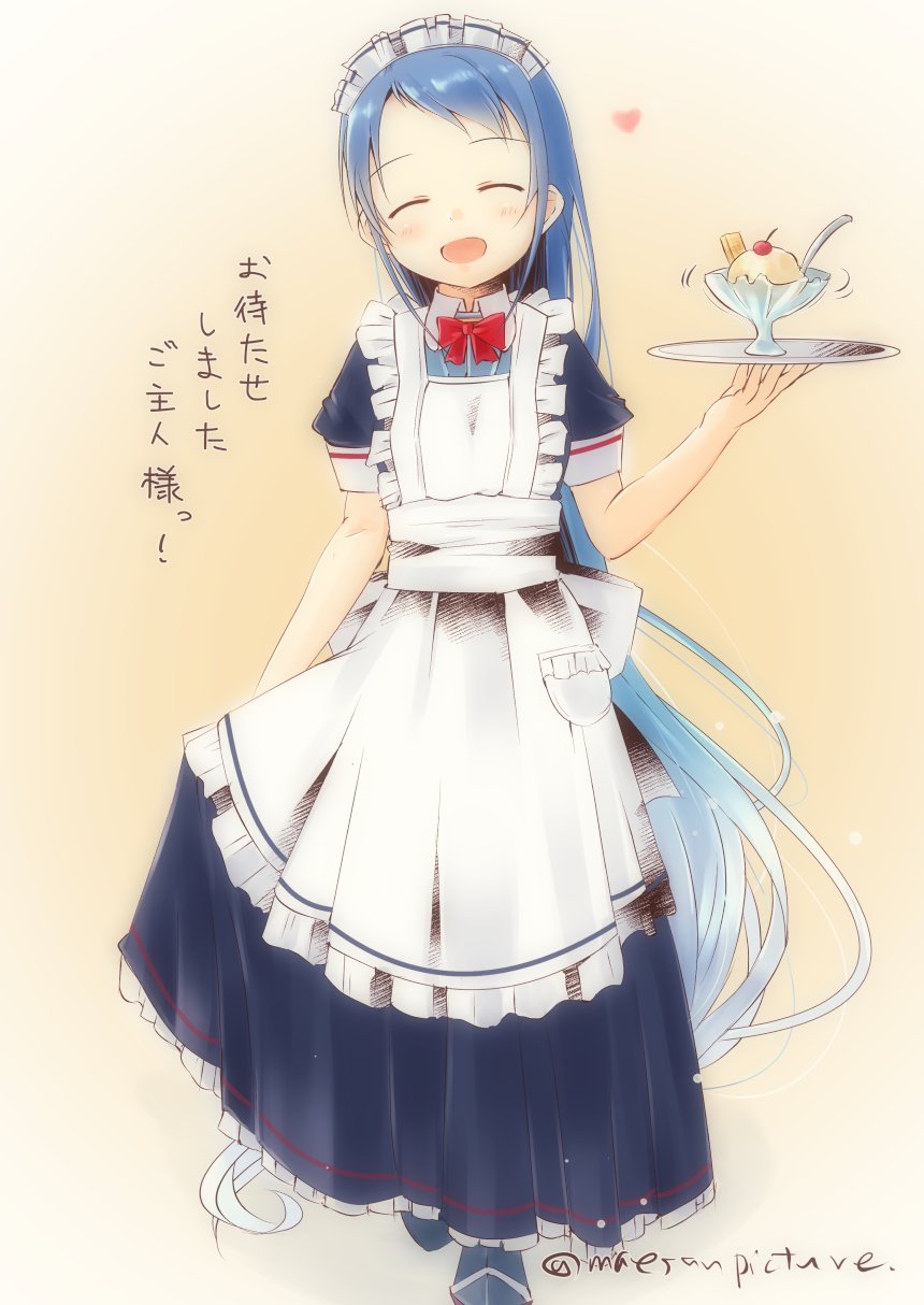 alternate_costume apron bangs blue_dress blue_hair closed_eyes dress enmaided heart highres holding holding_dress holding_tray kantai_collection long_hair looking_at_viewer mae_(maesanpicture) maid maid_apron maid_headdress open_mouth samidare_(kantai_collection) sidelocks simple_background solo swept_bangs translated tray very_long_hair
