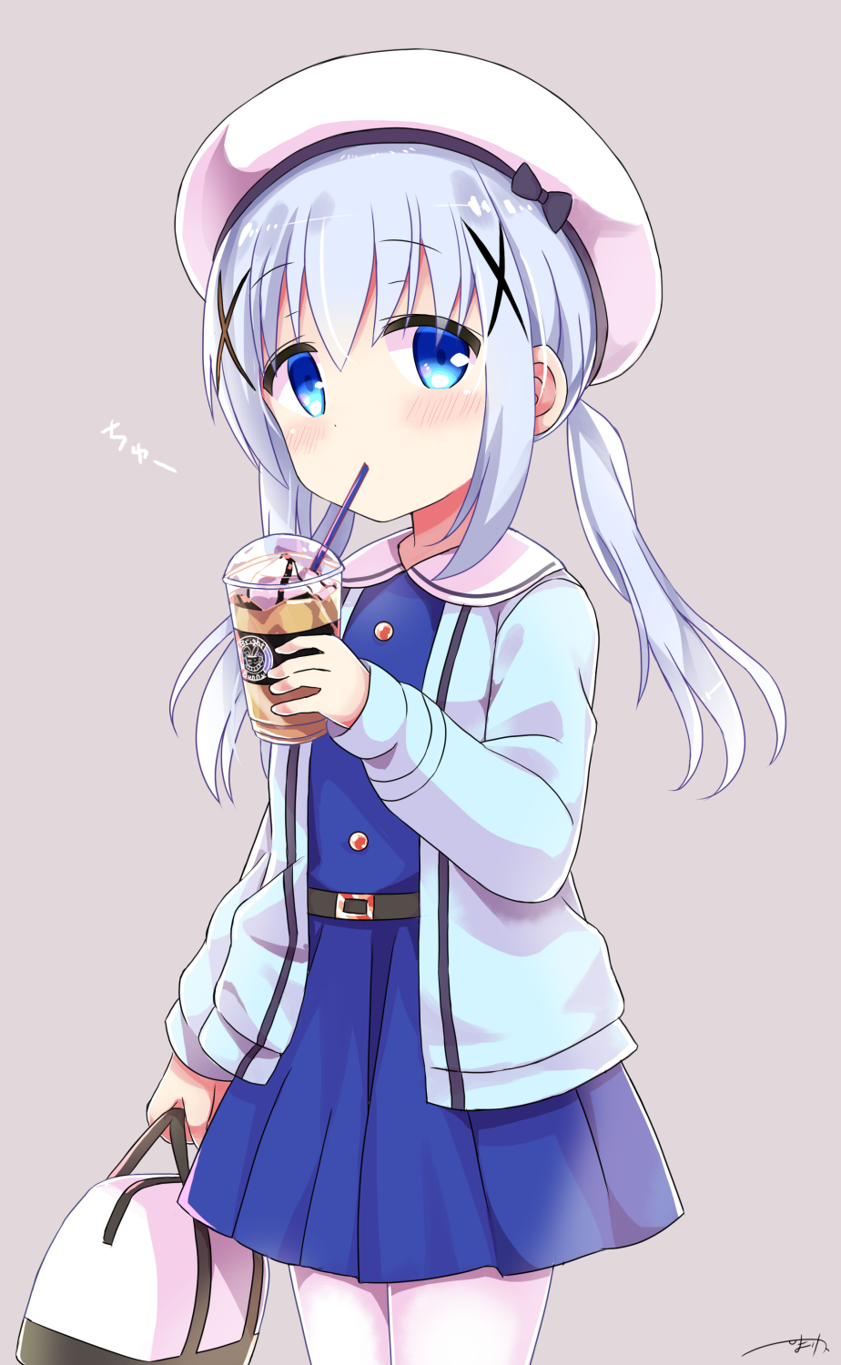 arm_at_side bag bangs belt belt_buckle beret blue_dress blue_eyes blue_hair blue_jacket blush buckle buttons collared_dress commentary_request cowboy_shot cup disposable_cup dress drink drinking drinking_straw eyebrows_visible_through_hair gochuumon_wa_usagi_desu_ka? grey_background hair_ornament hairclip handbag hat highres himarisu_(hida_mari) holding holding_bag holding_cup jacket kafuu_chino logo long_hair long_sleeves looking_at_viewer low_twintails open_clothes open_jacket sidelocks signature simple_background solo thighhighs twintails whipped_cream white_hat white_legwear x_hair_ornament