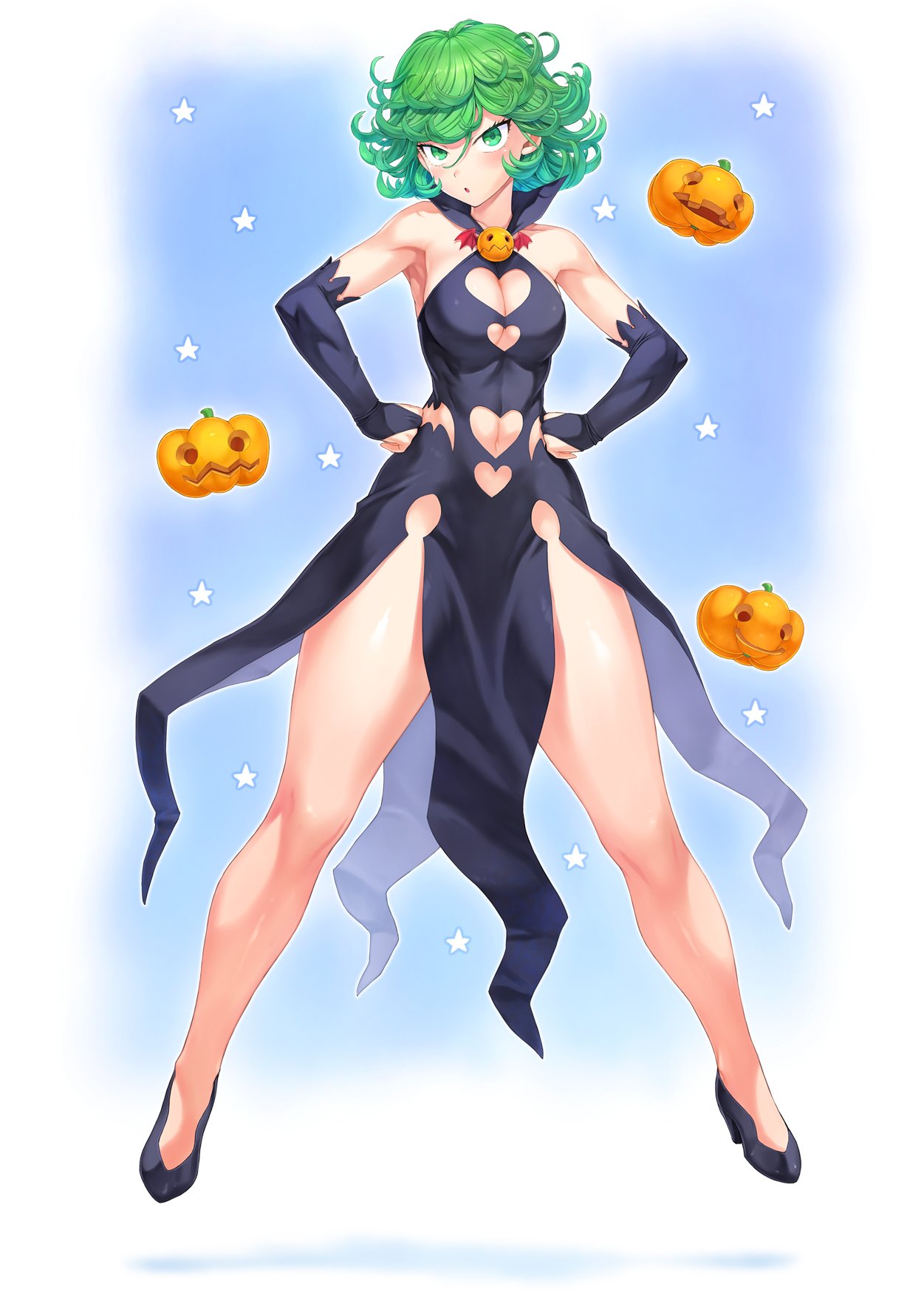 1girl alternate_costume armpits bare_shoulders black_dress blush breasts bridal_gauntlets cleavage_cutout curly_hair dress floating full_body green_eyes green_hair hands_on_hips jack-o'-lantern legs looking_at_viewer medium_breasts mogudan navel one-punch_man short_hair simple_background solo tatsumaki thick_thighs thighs
