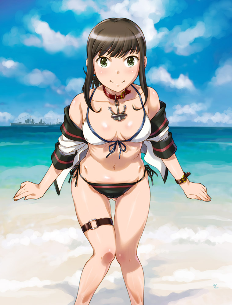 adapted_costume alternate_costume anchor ass_visible_through_thighs beach bikini black_hair blue_sky blush breasts cleavage closed_mouth cloud collar collarbone commentary_request covered_nipples day destroyer front-tie_top fubuki_(destroyer) fubuki_(kantai_collection) green_eyes kantai_collection looking_at_viewer military military_vehicle navel ocean open_clothes open_shirt ponytail remodel_(kantai_collection) sameha_ikuya school_uniform serafuku ship side-tie_bikini sidelocks sky small_breasts smile solo swimsuit thigh_strap warship watercraft