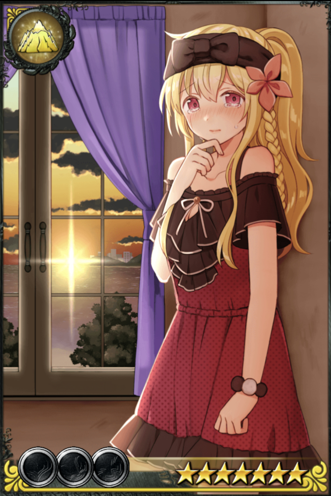 bangs bare_shoulders black_bow blonde_hair blush bow braid card_(medium) character_request closed_mouth cloud cloudy_sky collarbone curtains dress eyebrows_visible_through_hair flower hair_between_eyes hair_flower hair_ornament hand_on_own_chin hand_up horizon indoors inishie_no_megami_to_houseki_no_ite kurata_rine long_hair looking_at_viewer nose_blush ocean off-shoulder_dress off_shoulder official_art polka_dot polka_dot_dress red_dress red_eyes red_flower short_sleeves side_braid single_braid sky solo standing sunlight sunset sweat tears water window