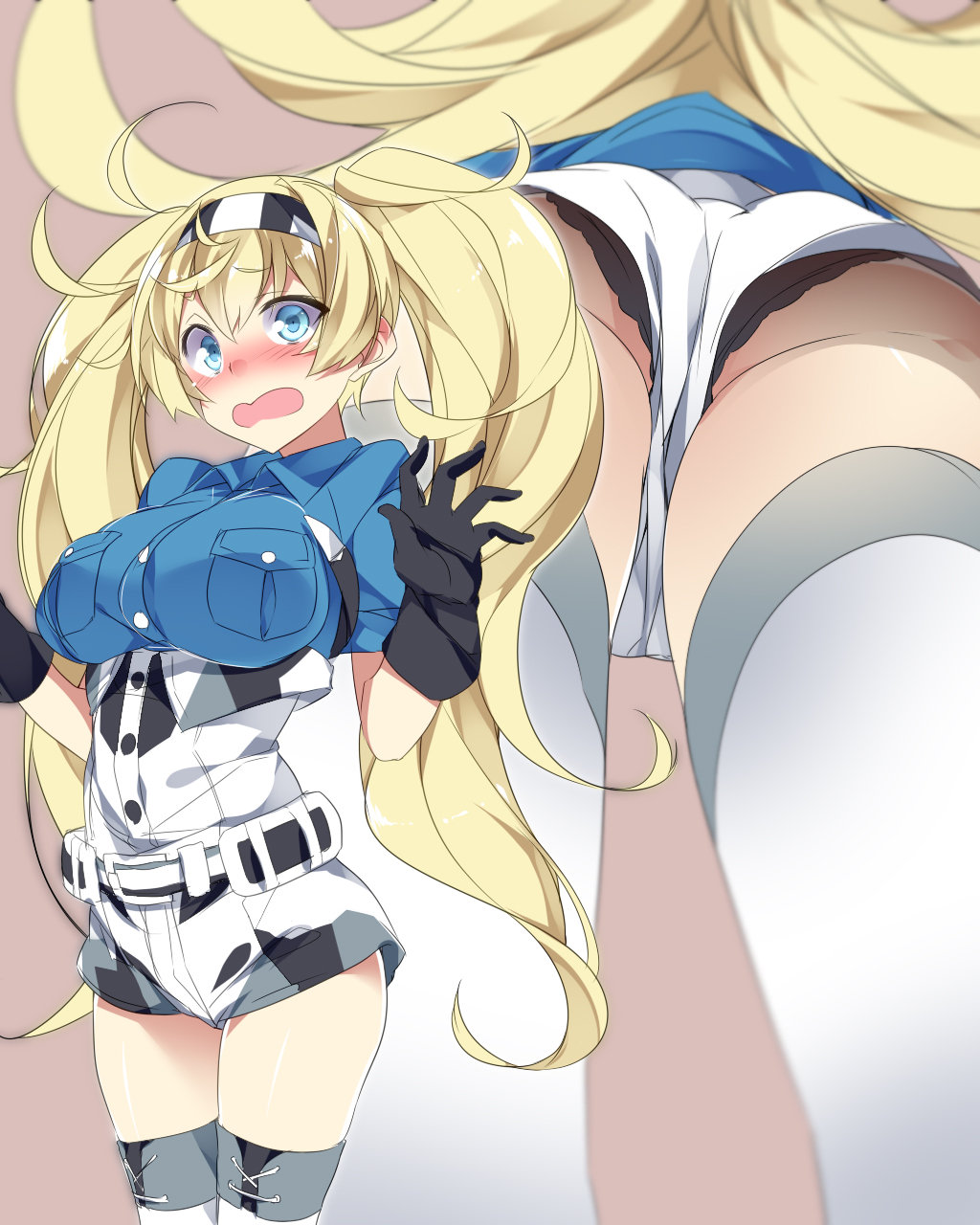 belt belt_buckle black_gloves blonde_hair blue_eyes blue_shirt blush breast_pocket breasts brown_background buckle buttons collared_shirt commentary_request eyebrows_visible_through_hair from_below gambier_bay_(kantai_collection) gloves hair_between_eyes highres kantai_collection large_breasts long_hair mtu_(orewamuzituda) multiple_views open_mouth pocket shirt short_sleeves simple_background thighhighs twintails white_legwear