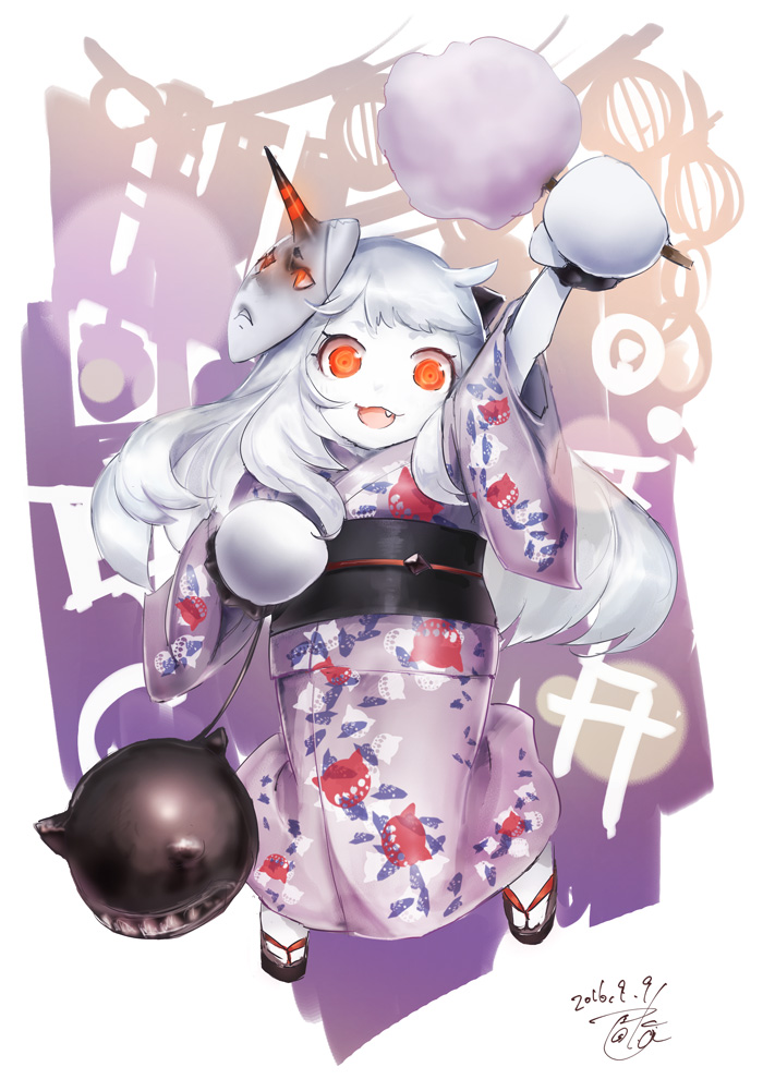 commentary_request food full_body horns japanese_clothes kantai_collection kimono long_hair looking_at_viewer mask mask_on_head northern_ocean_hime open_mouth pale_skin red_eyes sandals seaport_water_oni shinkaisei-kan toka_(marchlizard) white_hair white_skin yukata
