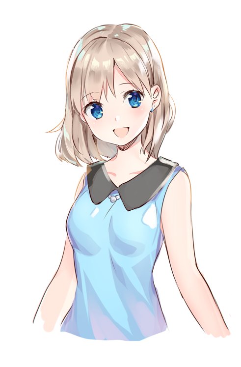 blue_eyes blue_shirt collarbone cropped_arms cropped_torso earrings eyes jewelry long_hair looking_at_viewer original shiny shiny_hair shirt silver_hair simple_background sleeveless sleeveless_shirt solo upper_body weee_(raemz) white_background