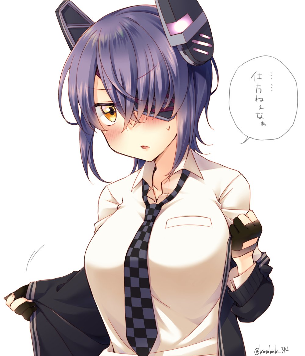 black_gloves blush breasts brown_hair checkered checkered_neckwear collarbone collared_shirt eyebrows_visible_through_hair eyepatch gloves jacket kantai_collection kotobuki_(momoko_factory) large_breasts looking_at_viewer necktie parted_lips partly_fingerless_gloves purple_hair shirt short_hair solo speech_bubble tenryuu_(kantai_collection) translated undressing upper_body white_shirt